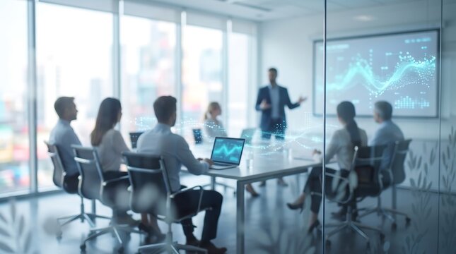 Executive team conducting corporate business presentation in bright glass office with digital data visualization charts and graphs floating over meeting table during technology conference