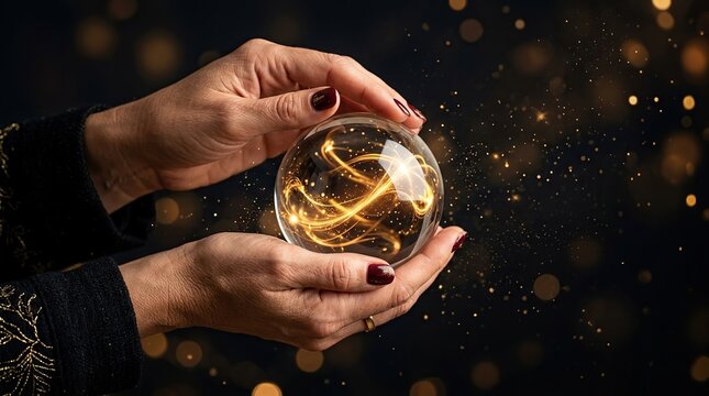 Mystical crystal ball held in female hands, glowing magic sphere with golden light, spiritual fortune telling concept