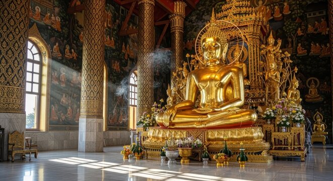 Golden Buddha Statue in Ornate Temple Interior.