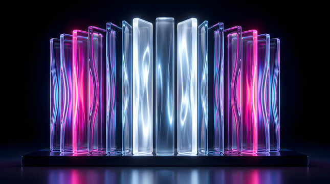 Abstract 3D light sculpture with glowing glass panels, futuristic technology background and neon colors