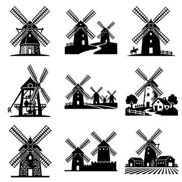 Vector illustration of traditional Spanish windmills in La Mancha style, featuring iconic white stone towers and wooden sails against a clean background for travel and heritage themes.