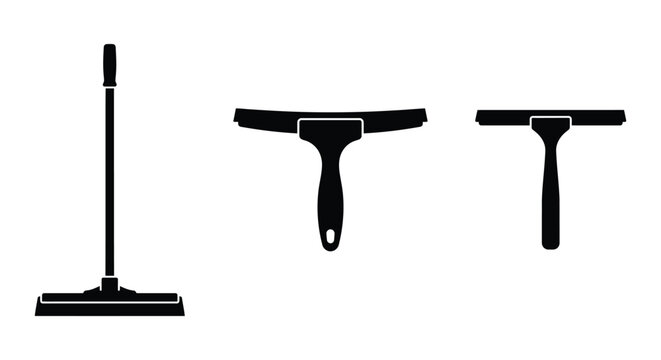 Silhouettes of three squeegees with handles against a plain white background squeegee windowcleaning
