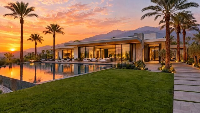 Luxury modern desert home with infinity pool, lush green lawn, and palm trees at vibrant orange sunset, mountain backdrop, real estate, travel, and lifestyle content