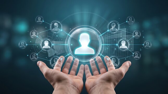 Hands presenting a glowing digital human resources holographic interface with connected user profile icons representing talent management and workforce organization solutions