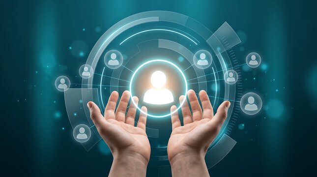 Hands presenting a glowing digital human resources holographic interface with connected user profile icons for corporate recruitment and team management software