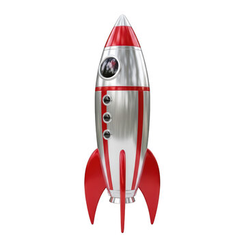 Shiny retro rocket in red and chrome isolated on transparent background ready to launch.