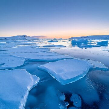 Vast frozen ice field with floating icebergs and distant mountains at sunrise