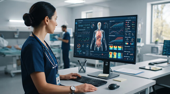 Female Doctor Analyzing Patient Health Metrics on Modern Digital Medical Screen