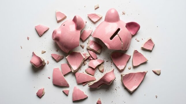 A shattered pink ceramic cracked piggy bank lies broken into numerous sharp pieces scattered across a clean white surface, symbolizing financial loss and savings depletion