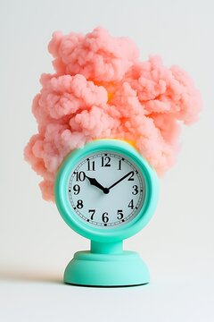 Mint green alarm clock with fluffy pink cloud smoke.