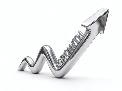 3D chrome metal growth arrow with word growth engraved on white background