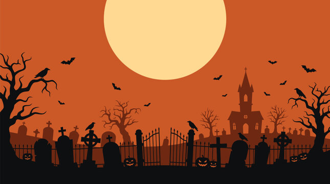A spooky halloween background vector illustration featuring a graveyard silhouette with a large full moon and flying bats at night
