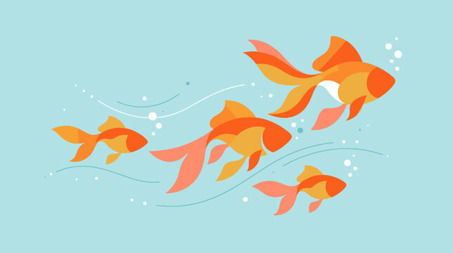 Golden fish swimming in turquoise water with bubbles. Ideal for aquarium advertising, feng shui decor, spa branding.