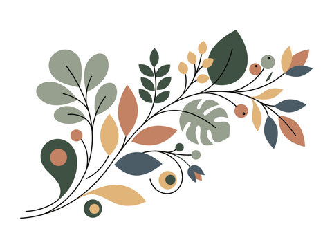 Colorful botanical branch with leaves and berries on transparent background. Ideal for organic packaging, botanical prints, natural cosmetics.