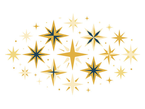 Golden abstract stars on dark blue background. Ideal for Christmas designs, celebration banners, night sky wallpapers.