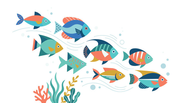 Colorful tropical fish swim underwater with bubbles. Ideal for children books, web banners, pet shop branding.