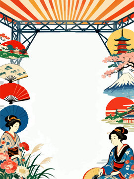 Japanese Traditional Culture Geisha Mountain and Fan Frame Background Vector Illustration