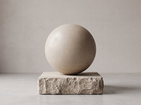 Minimalist sphere object on travertine stone pedestal podium