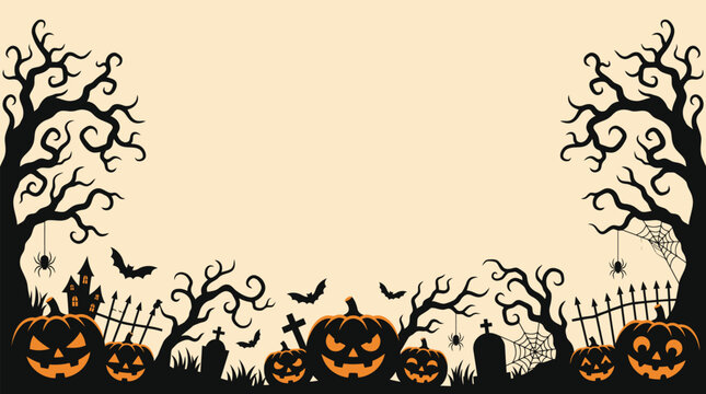 Spooky halloween background vector featuring dark silhouette trees and carved pumpkins with bats for a festive holiday party invitation design