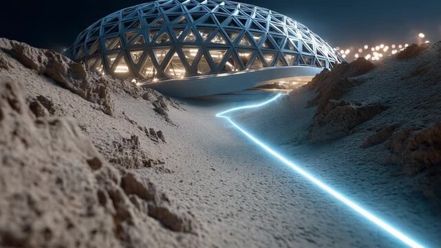 Futuristic Moon Base: A striking geodesic dome structure illuminates the lunar landscape, with a glowing blue pathway leading towards it across the dusty, cratered surface.
