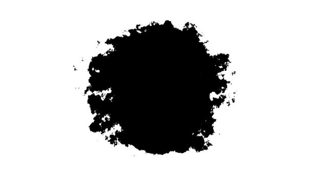 Color burst - black smoke powder circle particle explosion with shockwave. Particles in slow motion. Fluid ink alpha matte isolated on white 4k Ink drop .