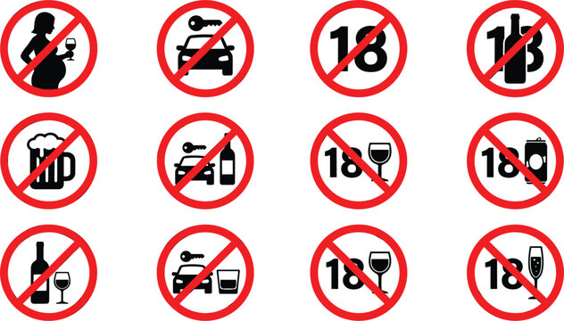 18 Plus Age Restriction and Alcohol Prohibited Icon Set with No Drinking and Driving Symbols for Apps, Websites, and Safety Labels