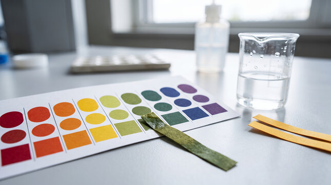 pH paper color chart comparison with test strip and liquid sample, acidity testing and lab analysis