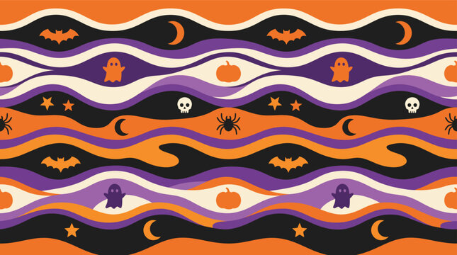 A seamless halloween background vector pattern featuring wavy lines with pumpkins skulls bats and moons in orange purple and black colors