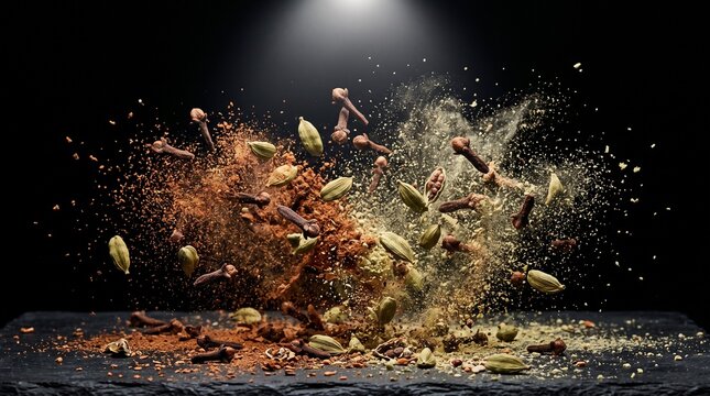 Dramatic explosion of various spices and herbs on dark background