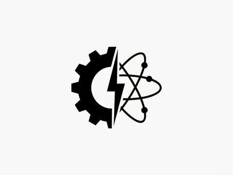 Gear, Lightning Bolt, and Atom Science Logo Icon, Engineering, Power Generation, and Quantum Physics Vector Concept