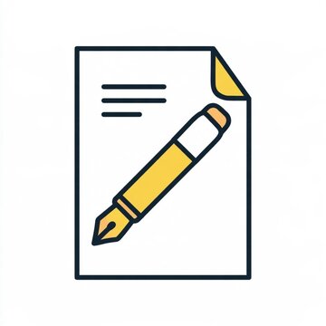 Minimal flat vector illustration of a document and pen icon in a playful cartoon style, featuring a bold thick outline, two-color design, and a clean solid white background.