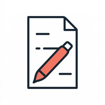 flat vector icon of a document with a pen, cartoon style, thick outline, two colors, solid white background.
