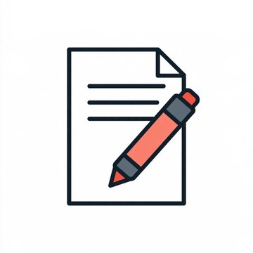 flat vector icon of a document with a pen, cartoon style, thick outline, two colors, solid white background.