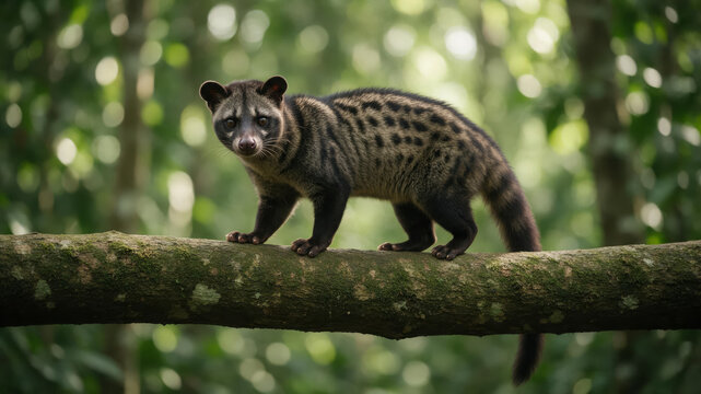 Civet Standing on Mossy Tree Branch in Tropical Forest