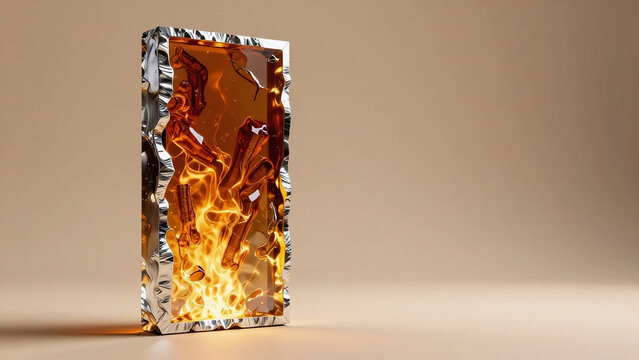 Autumn luxe glass monolith slab: heavy optical crystal slab with glowing liquid burnt amber core