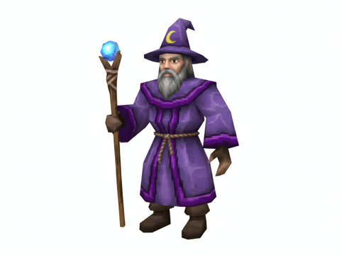 3D low poly wizard character with purple robe and magic staff isolated