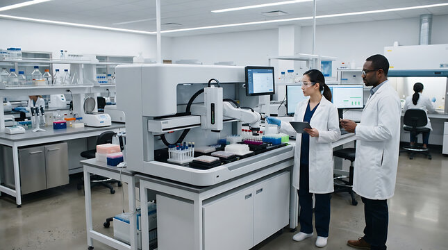 Diverse scientists using automated medical equipment in a modern laboratory for clinical research and healthcare innovation