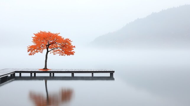 Minimalist red tree on dock in white fog.