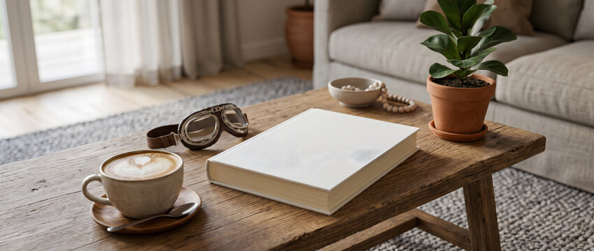 blank book mockup on coffee table with decorations and grey rug