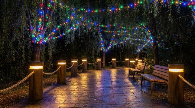 Night park walkway illuminated by vibrant multi-colored string lights hanging from trees above a stone path with wooden benches and posts