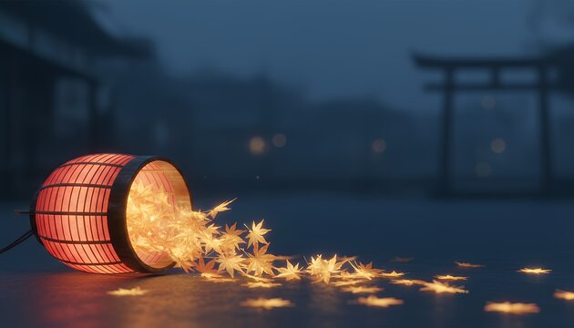 倒れた提灯からこぼれる光る紅葉