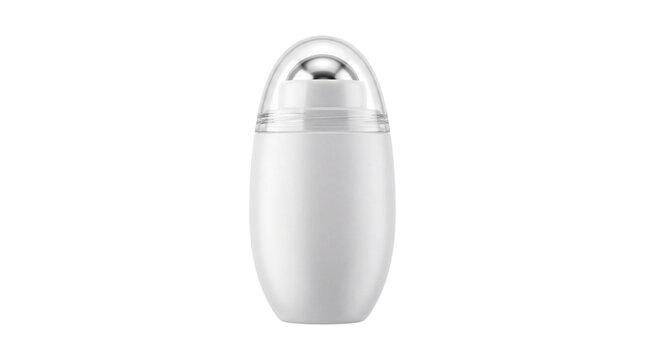 Minimalist white roll-on deodorant bottle, blank cosmetic packaging mockup, plastic skincare container with clear cap