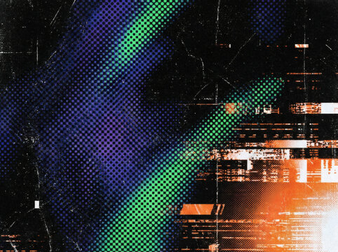Abstract dark halftone screen print texture with green neon dots background