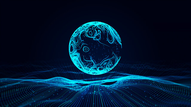 A Glowing Blue Data Sphere Floats Above A Flowing Network Grid, Creating A Futuristic Visual For Artificial Intelligence, Big Data, Connectivity, And Digital Transformation. 3d rendering