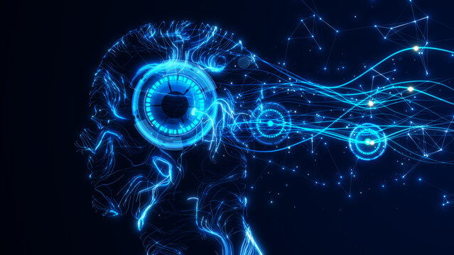Futuristic artificial intelligence concept, Cyber connection to flowing data and network nodes, representing machine learning, computer vision, neural networks, big data, 3d rendering