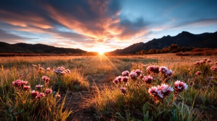 Fototapeta premium A vibrant field of wildflowers bathed in warm sunset light, offering a breathtaking display of nature's beauty, inviting tranquility and inspiration for all.
