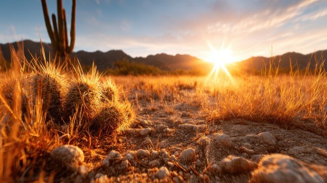A serene image portraying a golden sunset over a desert landscape, featuring a focus on a cactus, embodying the tranquil beauty and resilience of nature in arid regions.