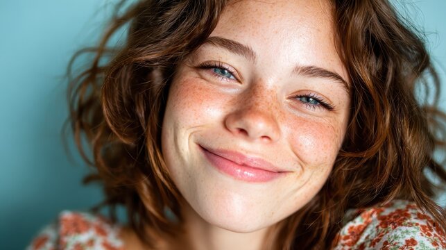 A young woman with curly hair and freckles smiles warmly, radiating joy and positivity against a soft blue background, creating a captivating and cheerful ambiance.