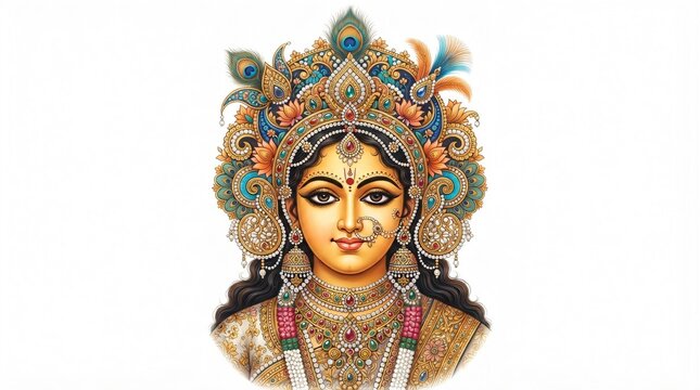 Goddess Durga Face Illustration with Ornate Crown and Traditional Indian Jewelry