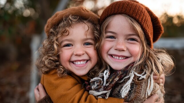 This heartwarming image captures two smiling children embracing each other amidst a stunning autumn backdrop, radiating warmth and joy in a cozy atmosphere.